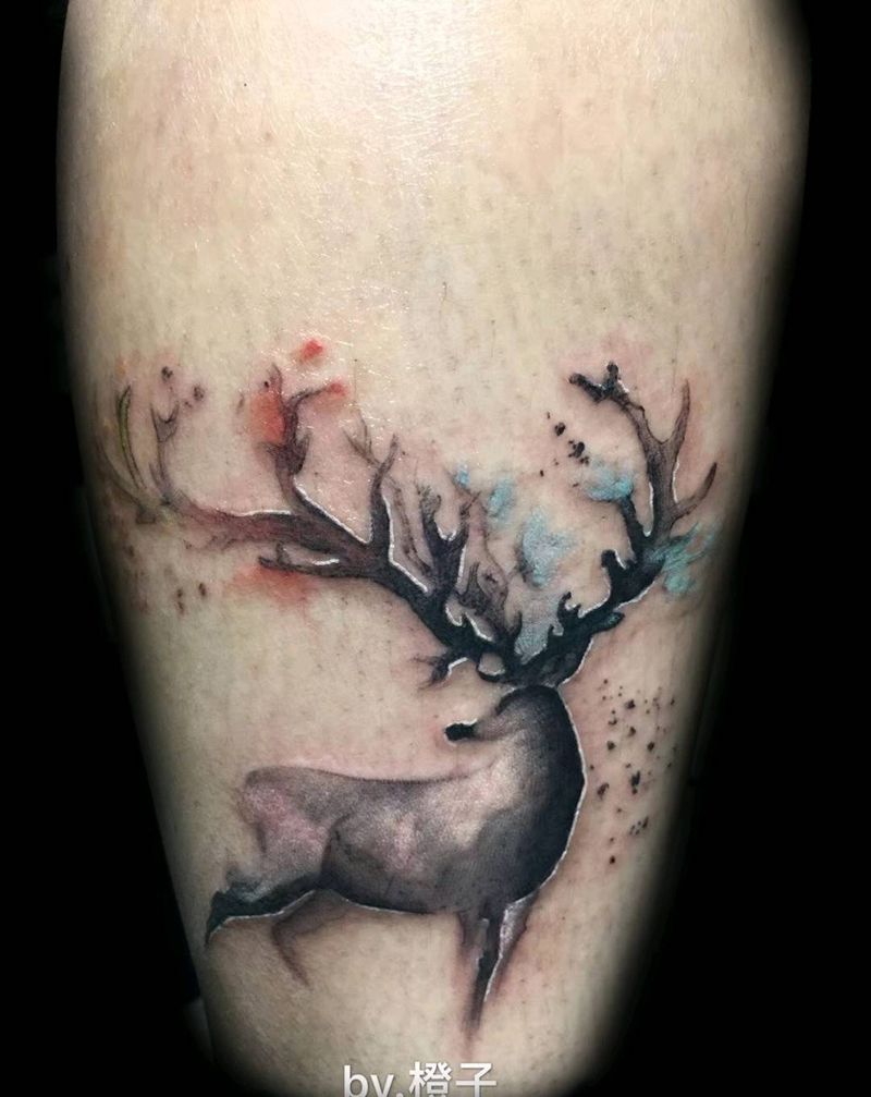 鹿纹身图片_水墨纹身图案