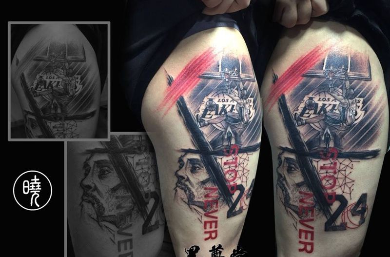 我与科比的故事纹身图片_成品腿部欧美写实原创纹身图案