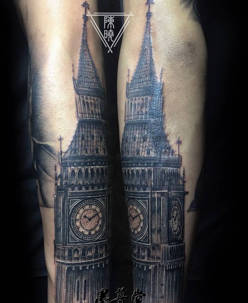 大本钟纹身图片_手臂成品欧美宗教静物写实纹身图案