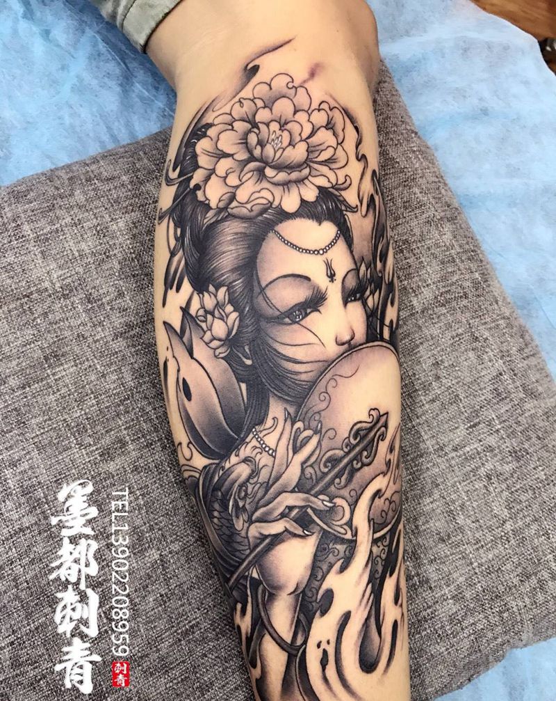 小腿艺伎纹身图片_腿部脚部老传统艺伎纹身图案