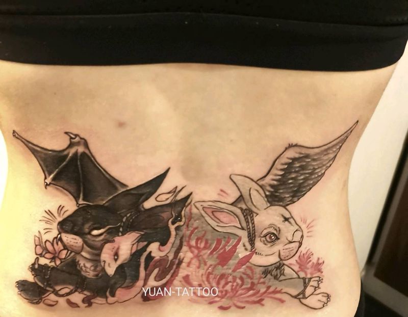 原创兔子纹身图片_腰部背部New School水彩纹身图案