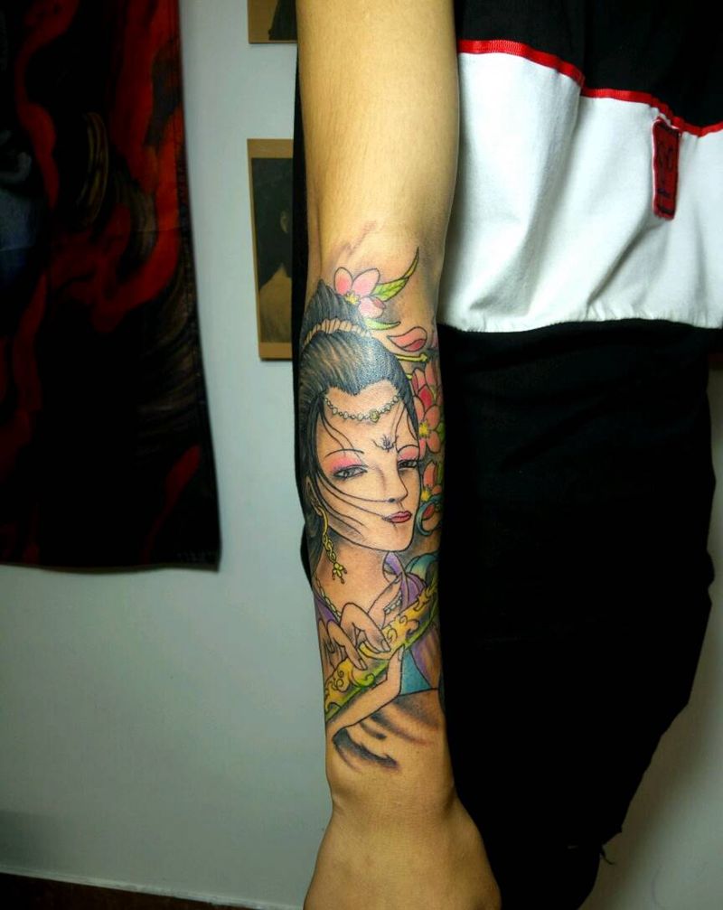 艺妓纹身图片_臀部手臂手部欧美传统肖像写实成品手稿插画纹身图案