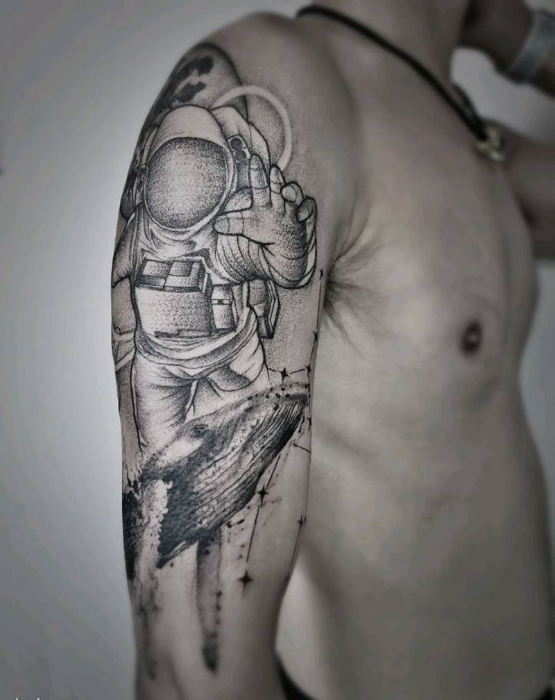 插画 鲸鱼宇航员纹身图片_手臂鲸鱼宇航员纹身图案