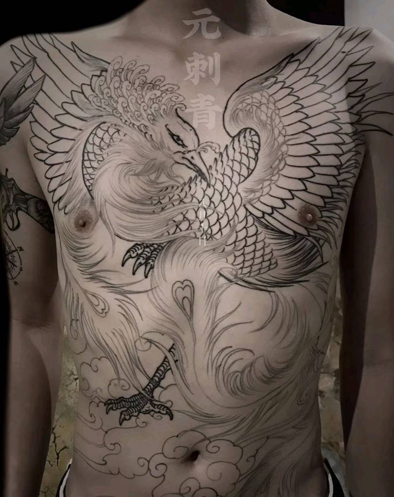 鸾凤勾线纹身图片_胸部腹部老传统新传统线条纹身图案