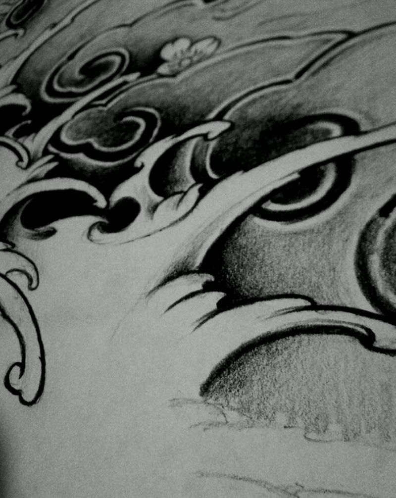 水浪纹身图片_原创未完成手稿纹身图案