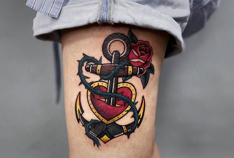 美式  船锚纹身图片_腿部Old School船锚纹身图案