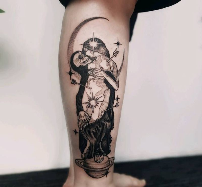 死神来了纹身图片_腿部暗黑插画纹身图案