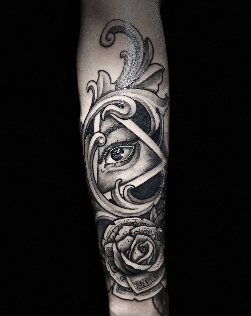 卡奇诺  眼睛  美金花纹身图片_手臂卡奇诺眼睛花纹身图案