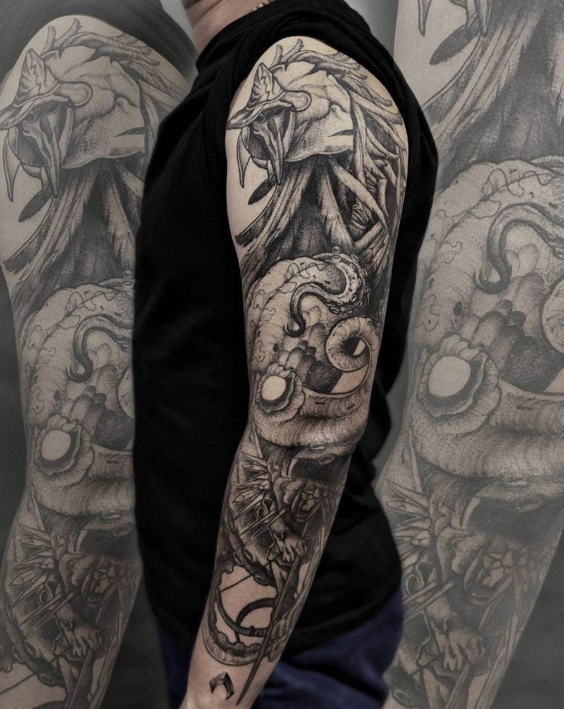 暗黑  巫师臂纹身图片_手臂暗黑章鱼纹身图案