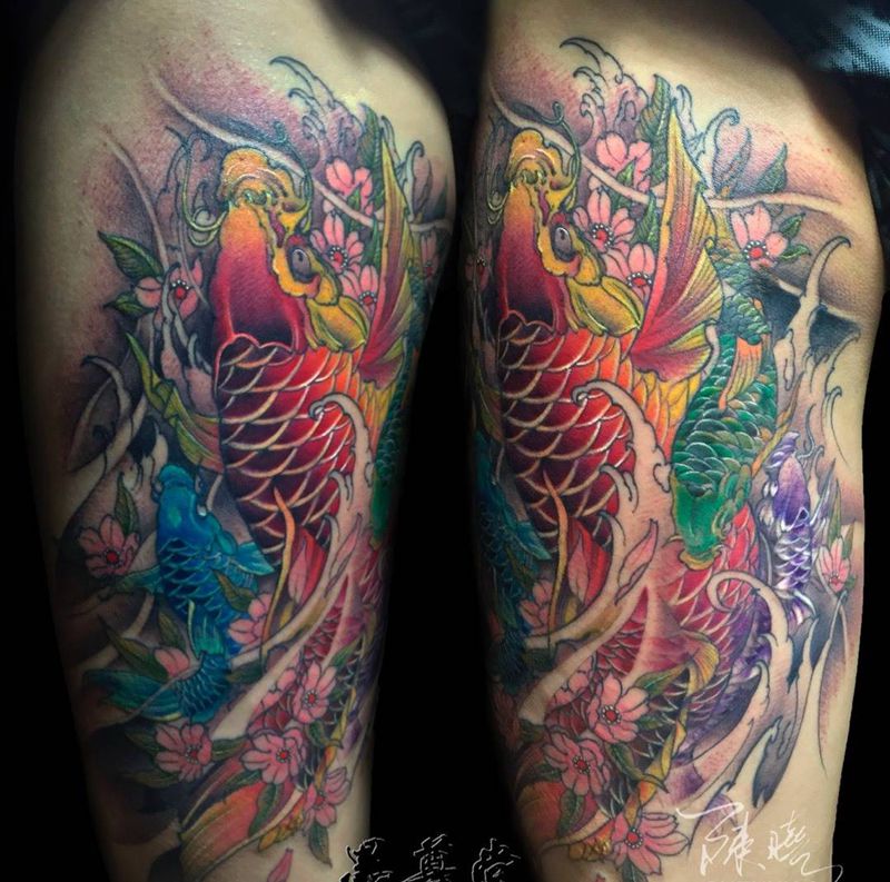 鲤鱼纹身图片_传统成品腿部纹身图案