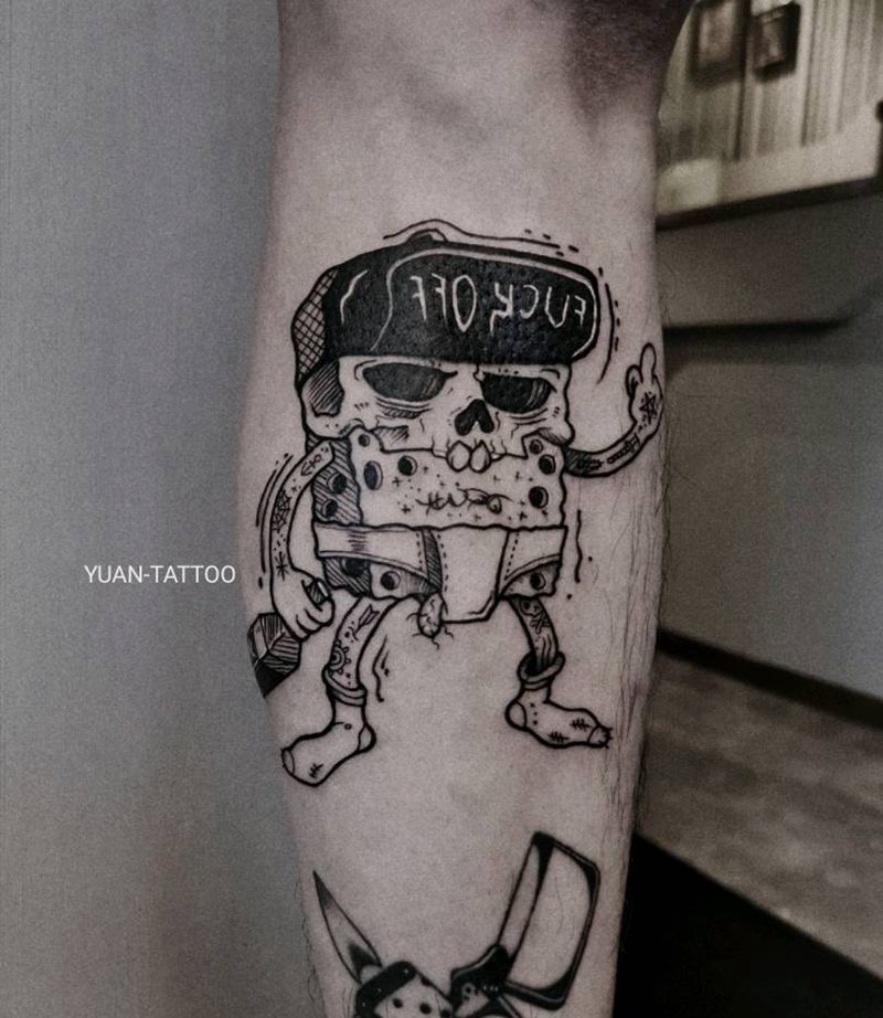 海绵宝宝 暗黑 邪恶纹身图片_手臂腿部Old School图腾纹身图案