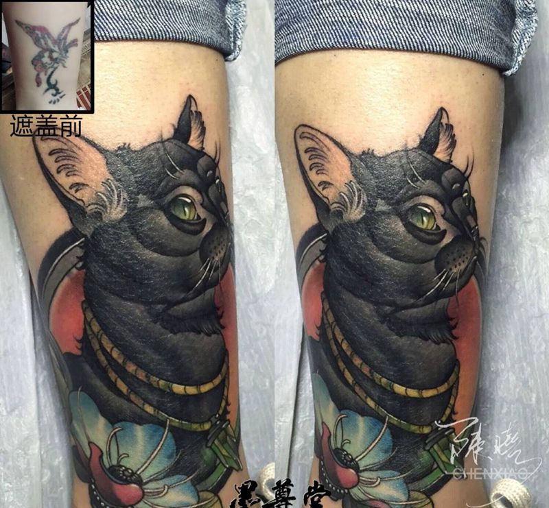 猫纹身图片_腿部成品动物纹身图案