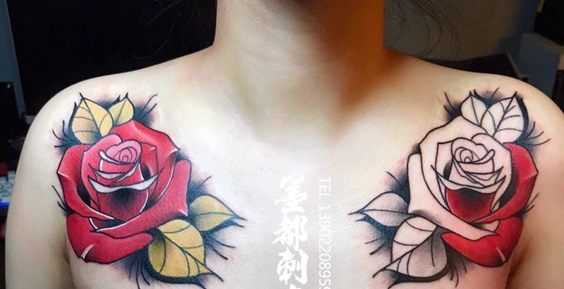 双肩花纹身图片_肩部胸部New School欧美写实玫瑰花锁骨纹身图案