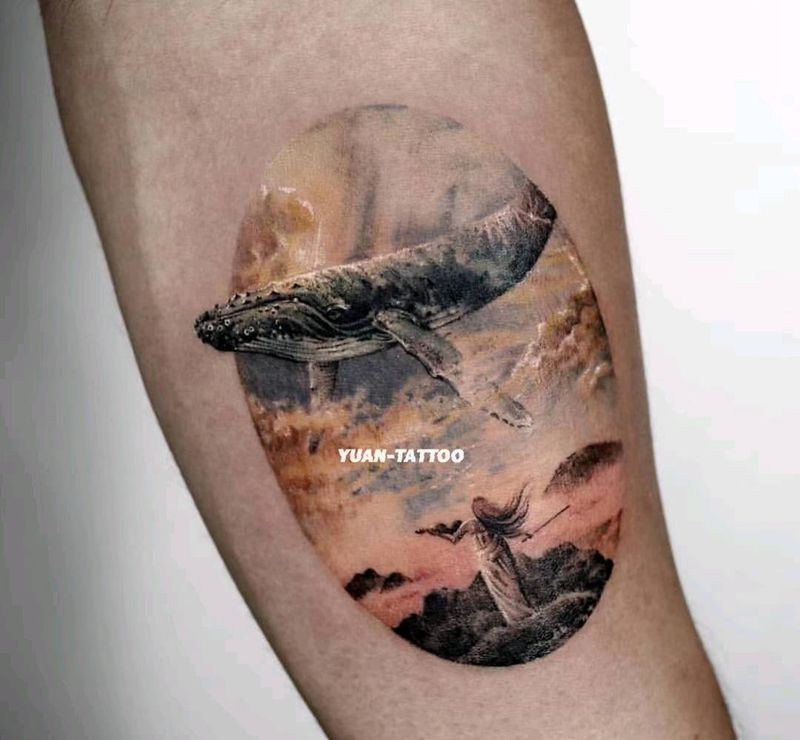 鲸鱼控纹身图片_手臂水彩动物文艺纹身图案