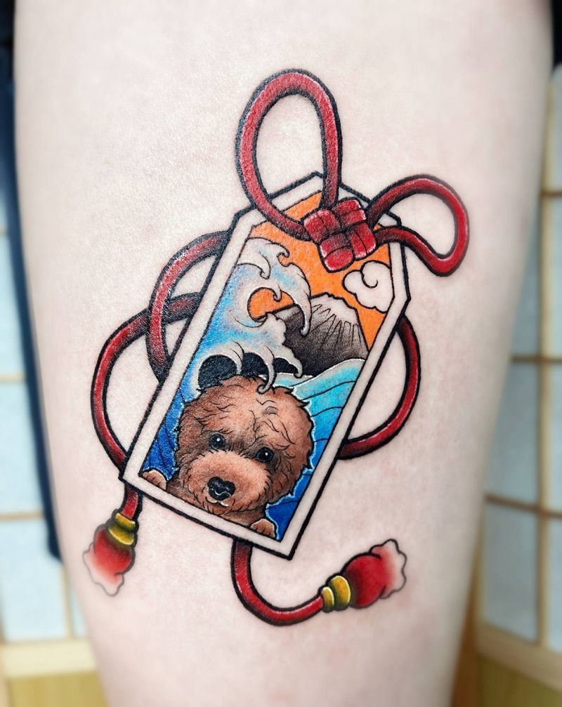 日式  福袋纹身图片_腿部福袋狗纹身图案