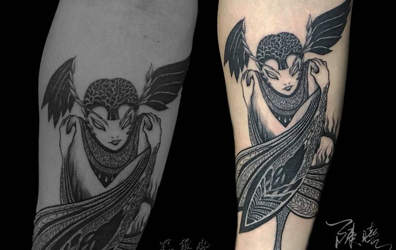 羽人纹身图片_成品手臂国画人物鬼神纹身图案