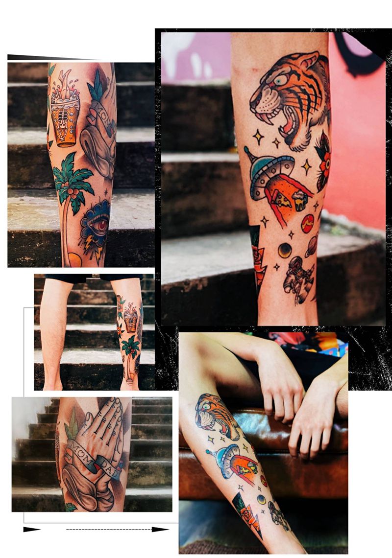 老美式小腿纹身图片_腿部Old SchoolOld school 老虎椰子树纹身图案