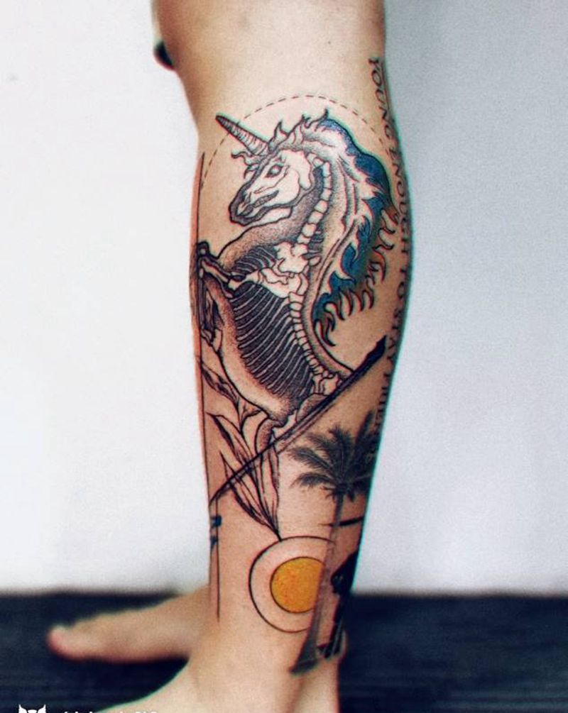 混搭 独角兽纹身图片_腿部点刺几何混搭纹身图案