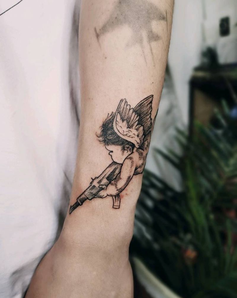 小天使纹身图片_手臂插画小天使纹身图案
