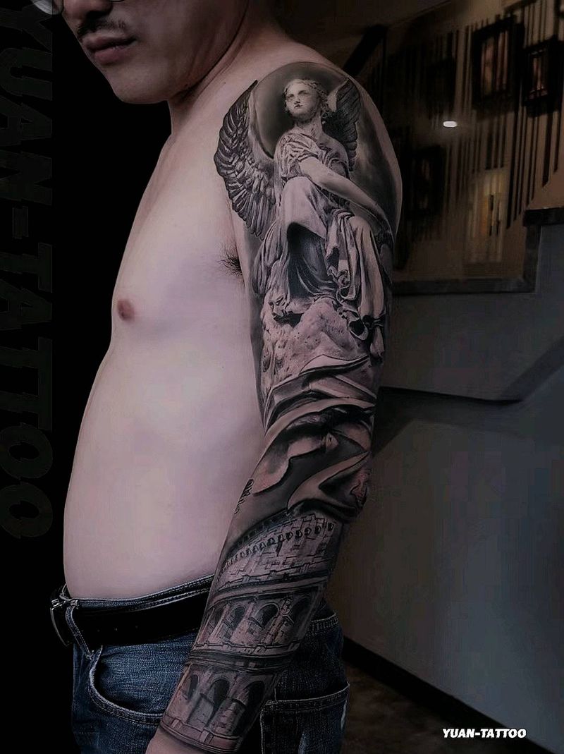 花臂 罗马神像 建筑纹身图片_手臂欧美写实纹身图案