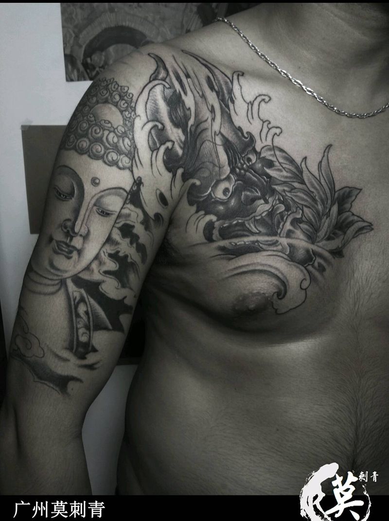 佛 般若 半甲纹身图片_颈部肩部胸部臀部手臂传统写实成品手稿插画纹身图案