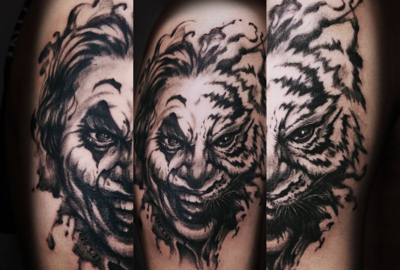 水墨混搭Joker纹身图片_手臂水墨欧美写实Joker水墨写实纹身图案