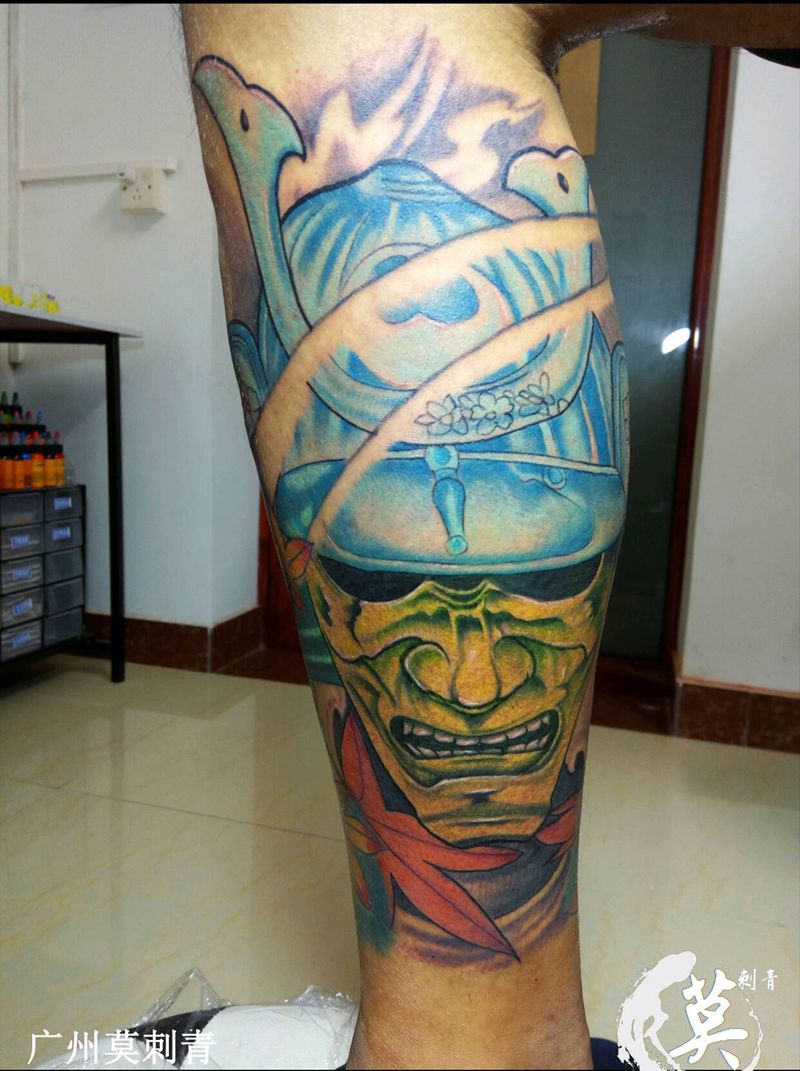 鬼武士包小腿纹身图片_腿部脚部欧美传统肖像写实国画成品手稿插画纹身图案