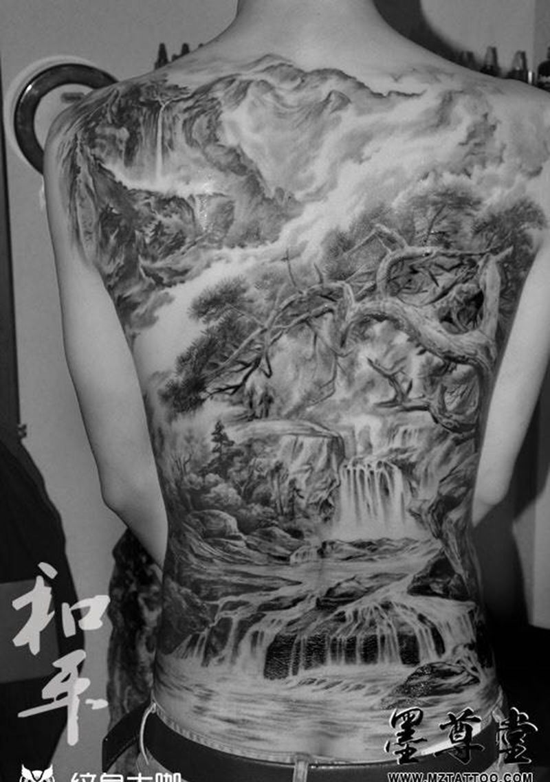 和平作品－山水画纹身图片