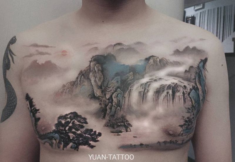 山中之水纹身图片_胸部水墨水彩纹身图案