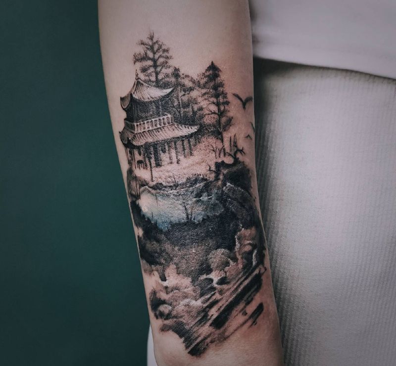 眺望的风景纹身图片_手臂水墨风景水墨遮盖纹身图案