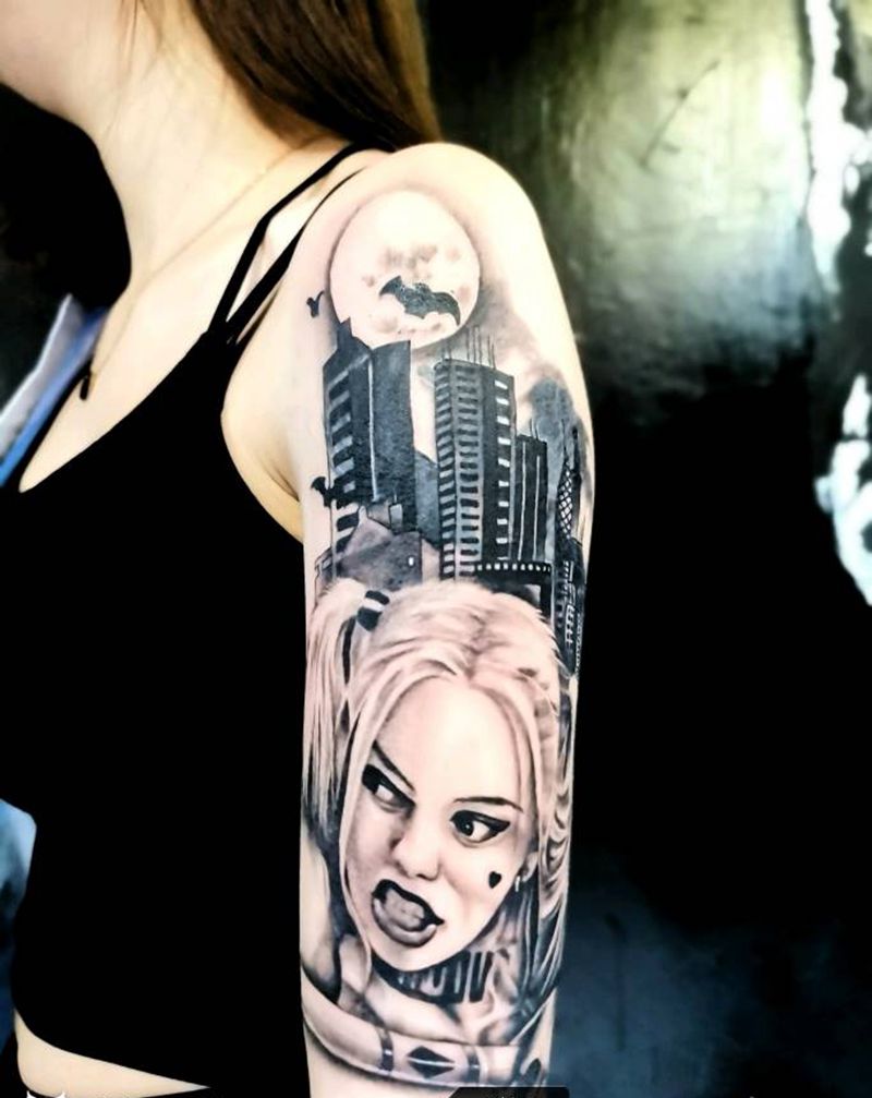小丑女 遮盖 欧美肖像纹身图片_手臂欧美写实肖像纹身图案