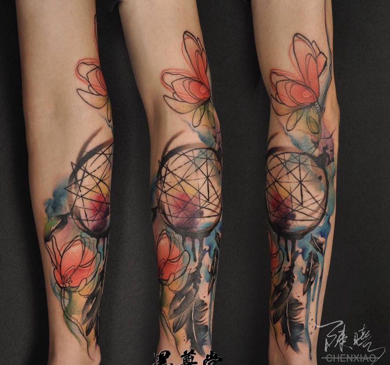 捕梦网纹身图片_成品手臂泼墨欧美纹身图案