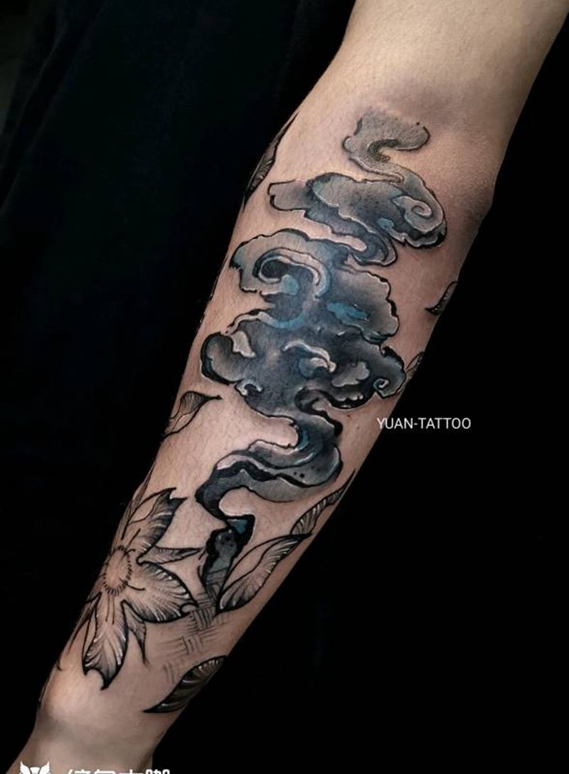 中国风 烟 云 遮盖纹身图片_手臂脚部新传统水墨纹身图案
