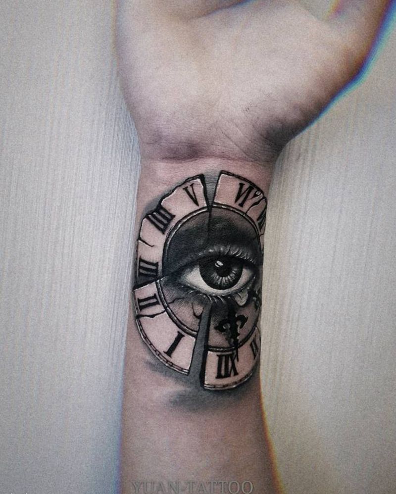 眼睛 时钟纹身图片_手臂欧美写实纹身图案