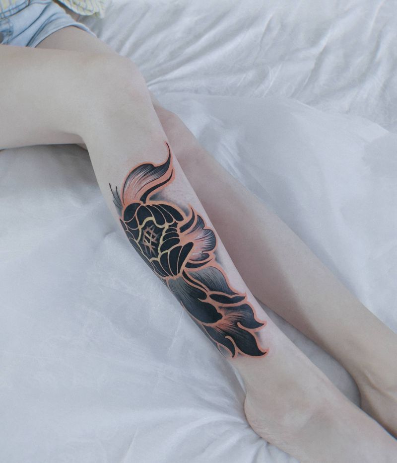 花儿遮盖  原创手绘纹身图片_腿部水彩水墨纹身图案