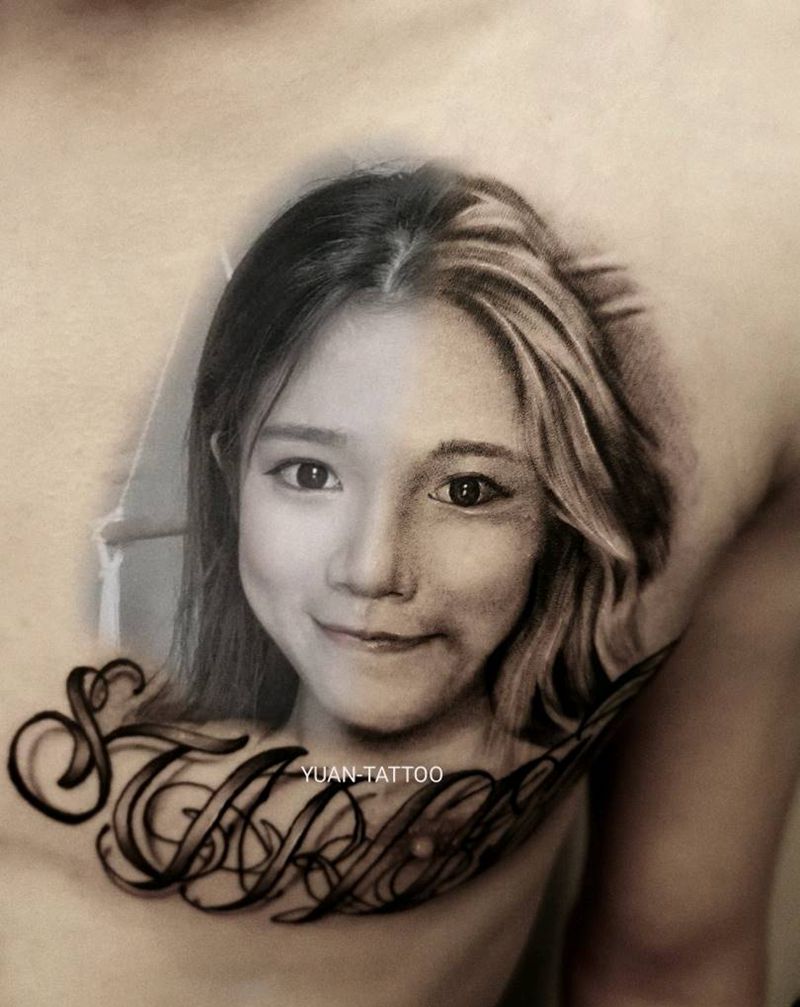 原创手绘 肖像 照片 花体字纹身图片_手臂胸部欧美写实纹身图案