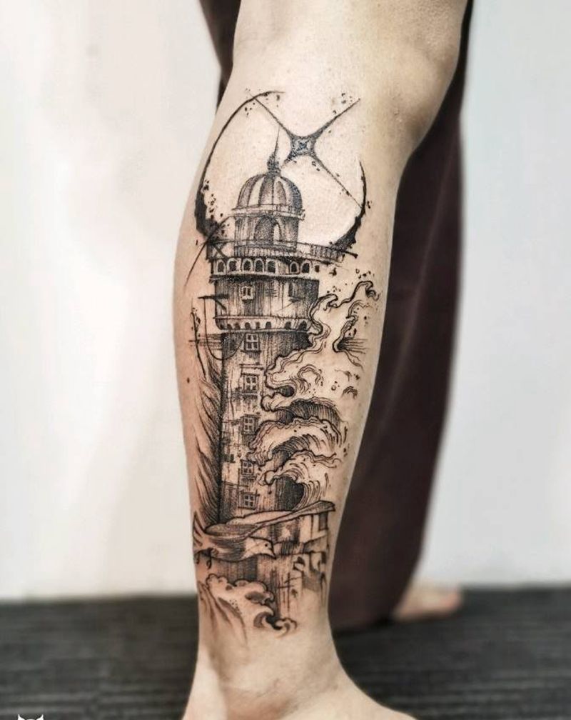 速写  灯塔纹身图片_腿部速写灯塔纹身图案