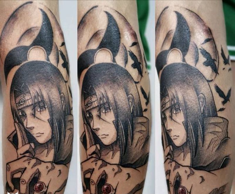 火影 鼬纹身图片_腿部火影鼬动漫纹身图案