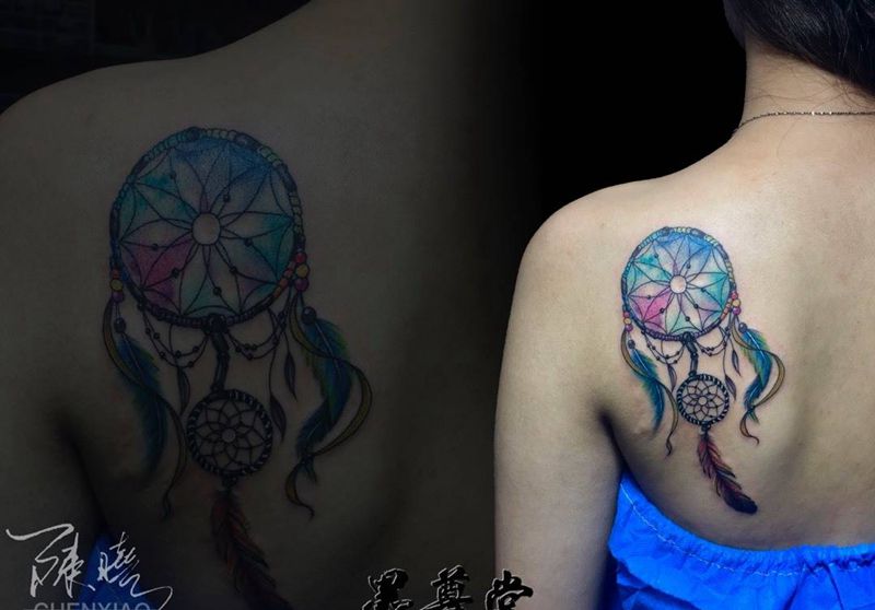 捕梦网纹身图片_肩部成品清新纹身图案