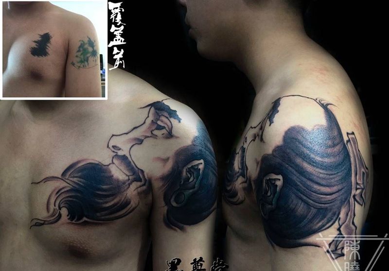 老者纹身图片_成品肩部人物纹身图案