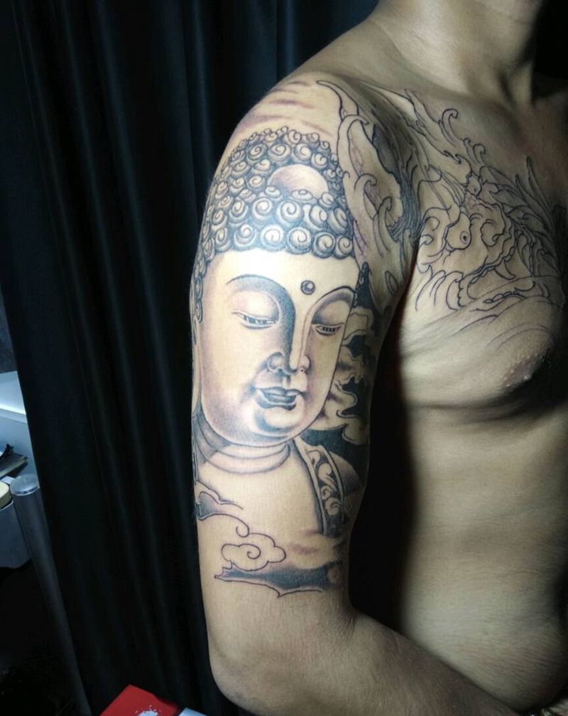 半甲佛 般若 未完纹身图片_胸部手臂欧美传统习俗肖像清新成品手稿插画纹身图案