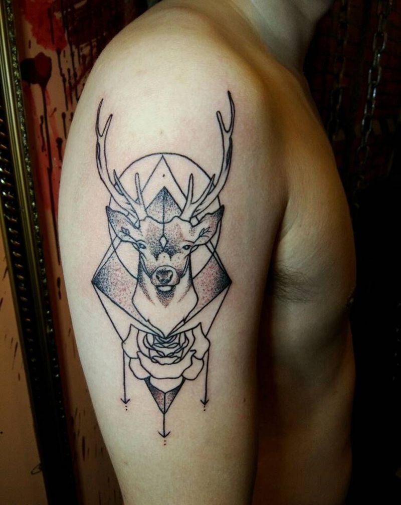 鹿纹身图片_臀部手臂清新几何原创成品纹身图案