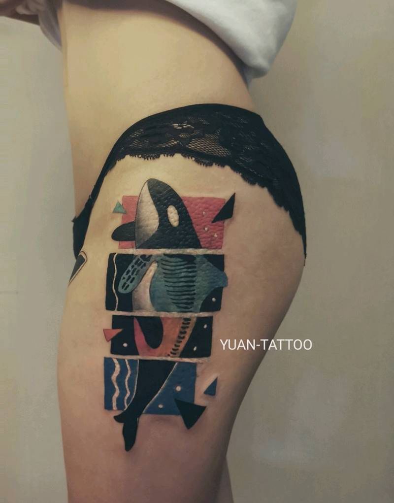 遮盖作品  鲸鱼 虎鲨纹身图片_腿部臀部几何New School纹身图案