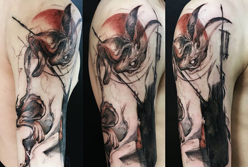 水墨抽象兔子纹身图片_手臂水墨抽象兔子水墨纹身图案