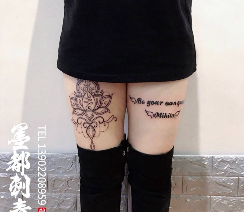 大腿纹身图片_腿部脚部几何英文小清新纹身图案