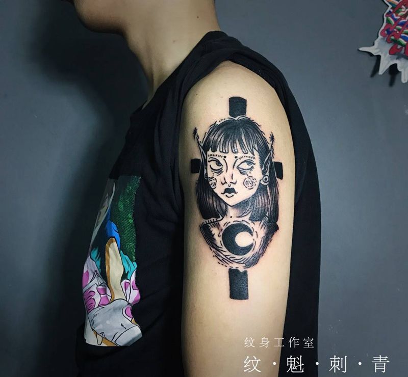 精灵女孩纹身图片_成品欧美手臂人物纹身图案