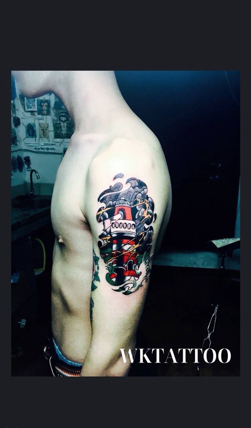 灯塔纹身图片_传统手臂成品静物纹身图案