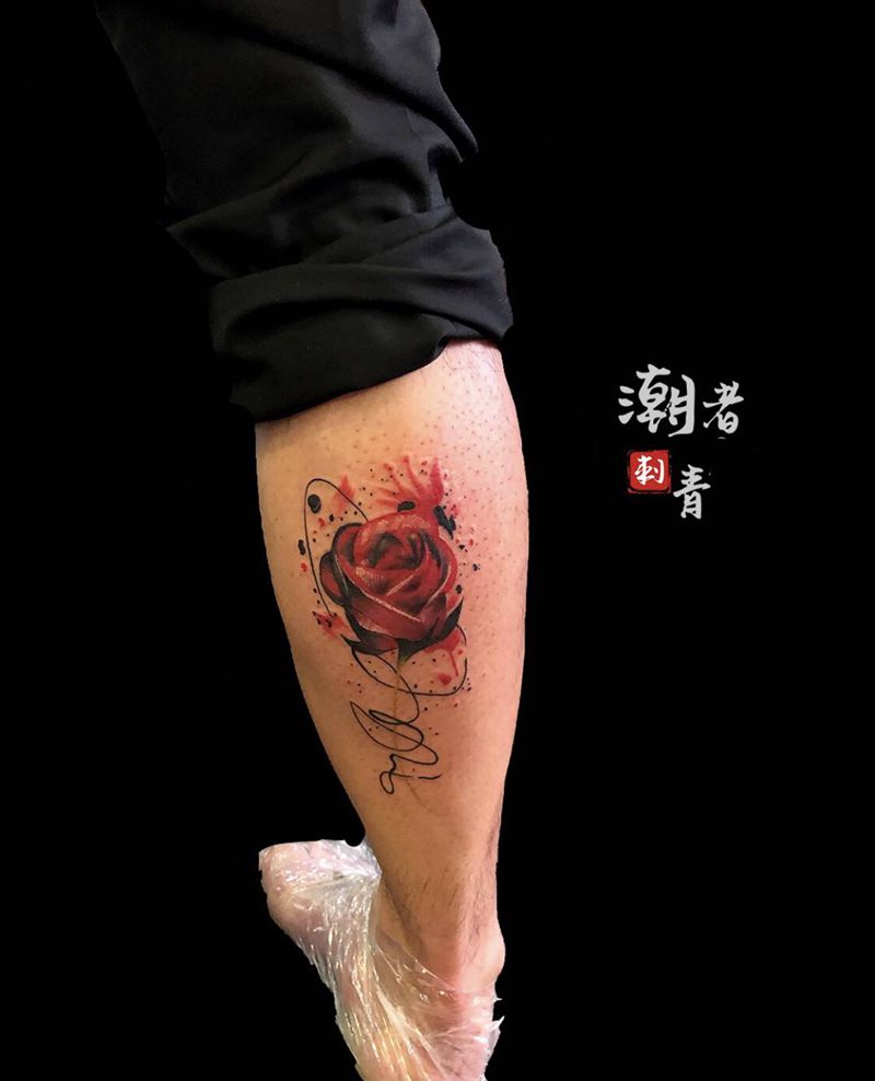 玫瑰花纹身图片_腿部水彩水墨纹身图案