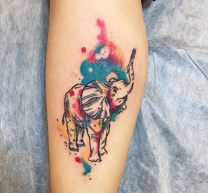 象遮盖疤痕纹身图片_腿部水彩纹身图案