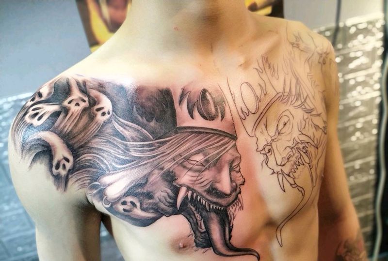 兄弟款黑白无常纹身图片_胸部新传统欧美写实黑白无常花胸纹身图案